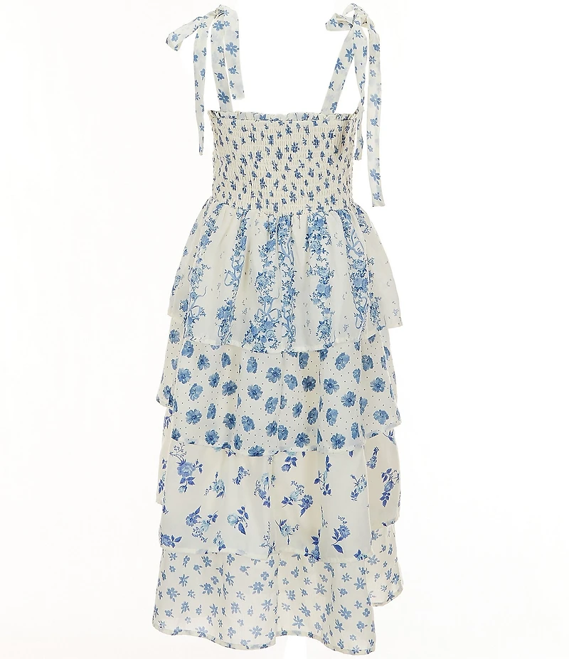 Poppies and Roses Big Girls Sleeveless Spaghetti Tie Strap Printed Tiered Dress