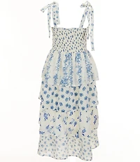 Poppies and Roses Big Girls Sleeveless Spaghetti Tie Strap Printed Tiered Dress