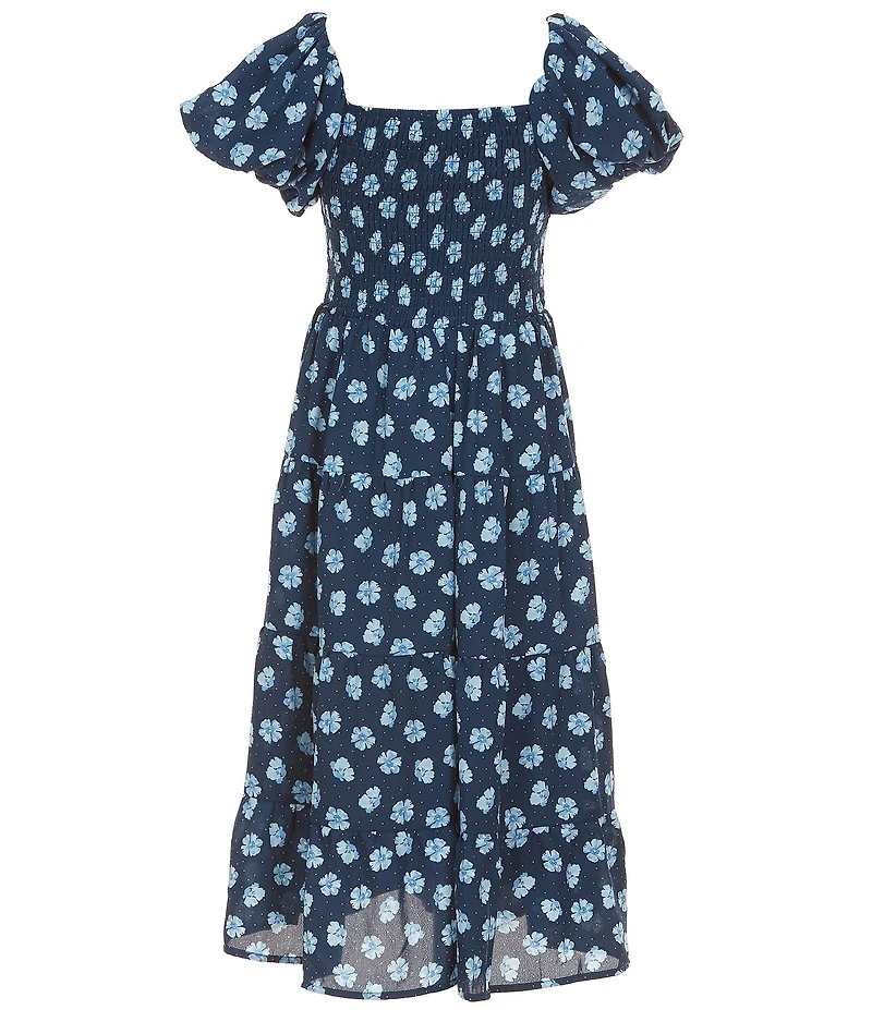 Poppies and Roses Big Girls Bubble Short Sleeve Smocked Printed Dress