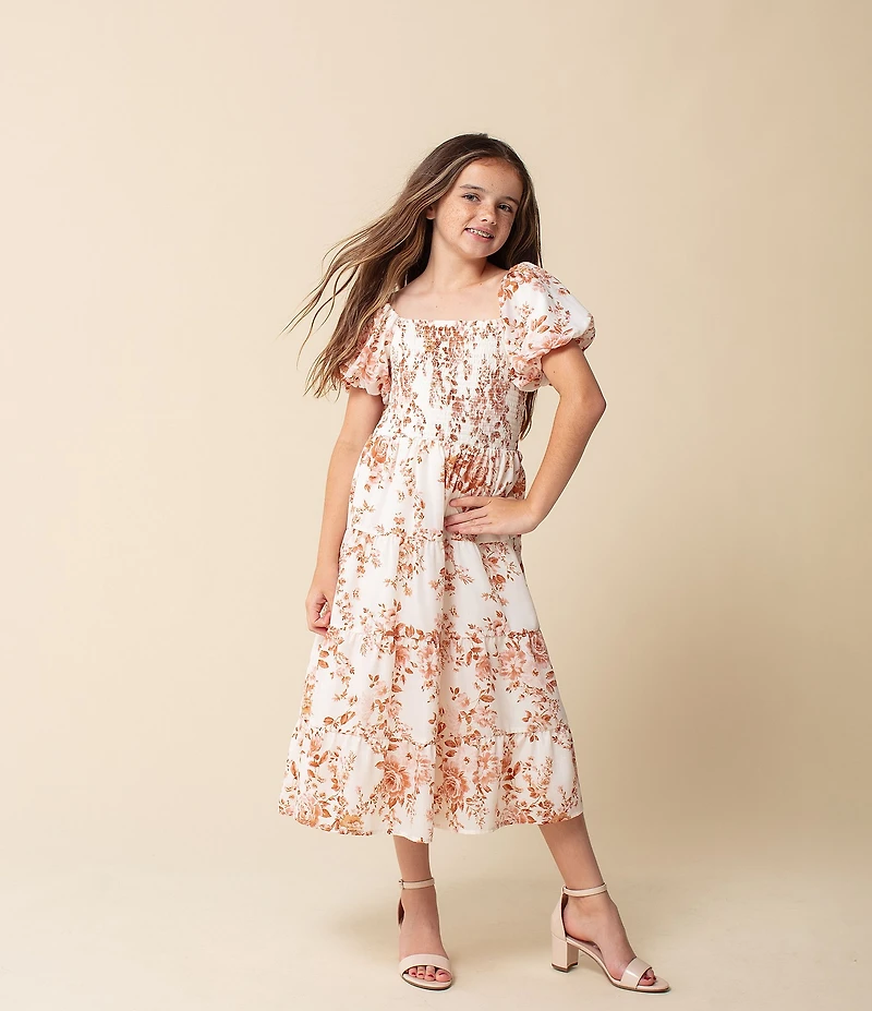 Poppies and Roses Big Girls Bubble Sleeve Floral Smocked Maxi Dress