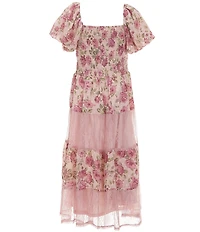 Poppies and Roses Big Girls Floral Puff Sleeve Printed Maxi Dress