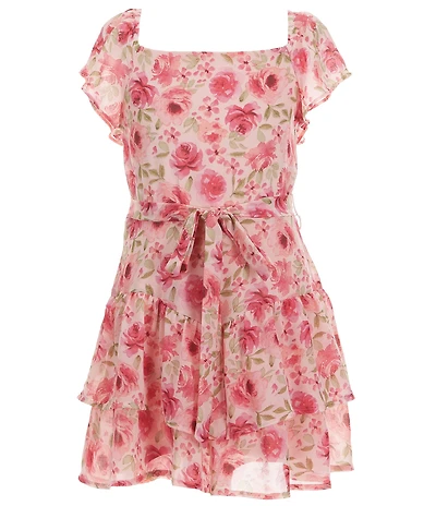 Poppies and Roses Big Girls Flutter Sleeve Floral Printed Tie-Waist Romper