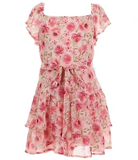 Poppies and Roses Big Girls Flutter Sleeve Floral Printed Tie-Waist Romper