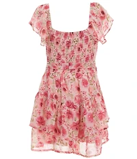 Poppies and Roses Big Girls Flutter Sleeve Floral Printed Tie-Waist Romper