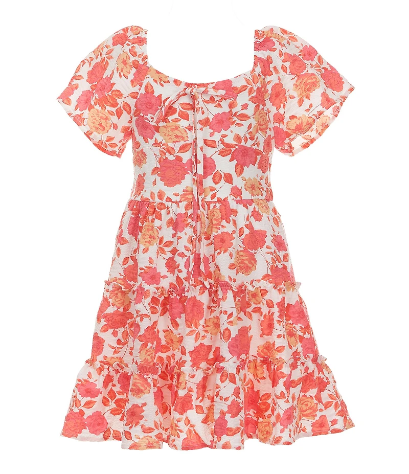 Poppies and Roses Big Girls Flutter-Sleeve Floral Tie-Detail Tiered Dress