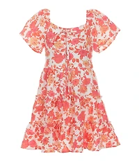 Poppies and Roses Big Girls Flutter-Sleeve Floral Tie-Detail Tiered Dress