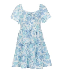 Poppies and Roses Big Girls Flutter-Sleeve Floral Tie-Detail Tiered Dress