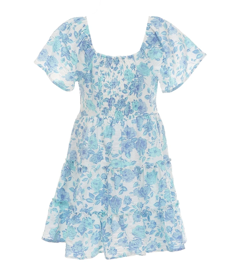 Poppies and Roses Big Girls Flutter-Sleeve Floral Tie-Detail Tiered Dress