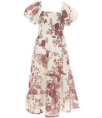 Poppies and Roses Big Girls Knit Floral Square Neck Bubble Sleeve Dress