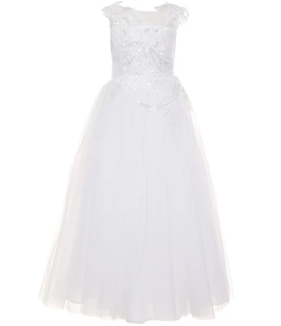 Poppies and Roses Big Girls Lace-Appliqued Bodice/Sheer-Overlay Skirted Communion Dress