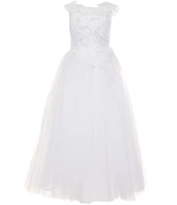 Poppies and Roses Big Girls Lace-Appliqued Bodice/Sheer-Overlay Skirted Communion Dress