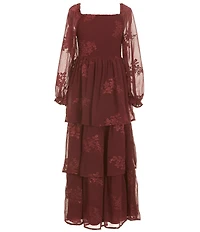 Poppies and Roses Big Girls Long-Sleeve Smocked-Bodice Patterned Long Dress