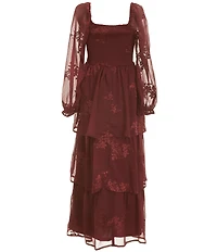 Poppies and Roses Big Girls Long-Sleeve Smocked-Bodice Patterned Long Dress