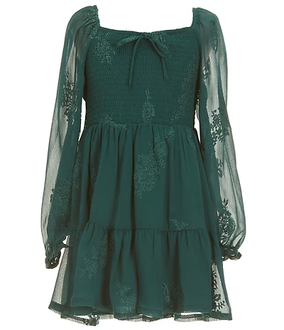 Poppies and Roses Big Girls Long-Sleeve Tonal Floral Fit-And-Flare Dress