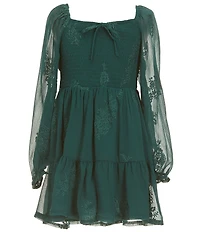 Poppies and Roses Big Girls Long-Sleeve Tonal Floral Fit-And-Flare Dress