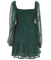 Poppies and Roses Big Girls Long-Sleeve Tonal Floral Fit-And-Flare Dress