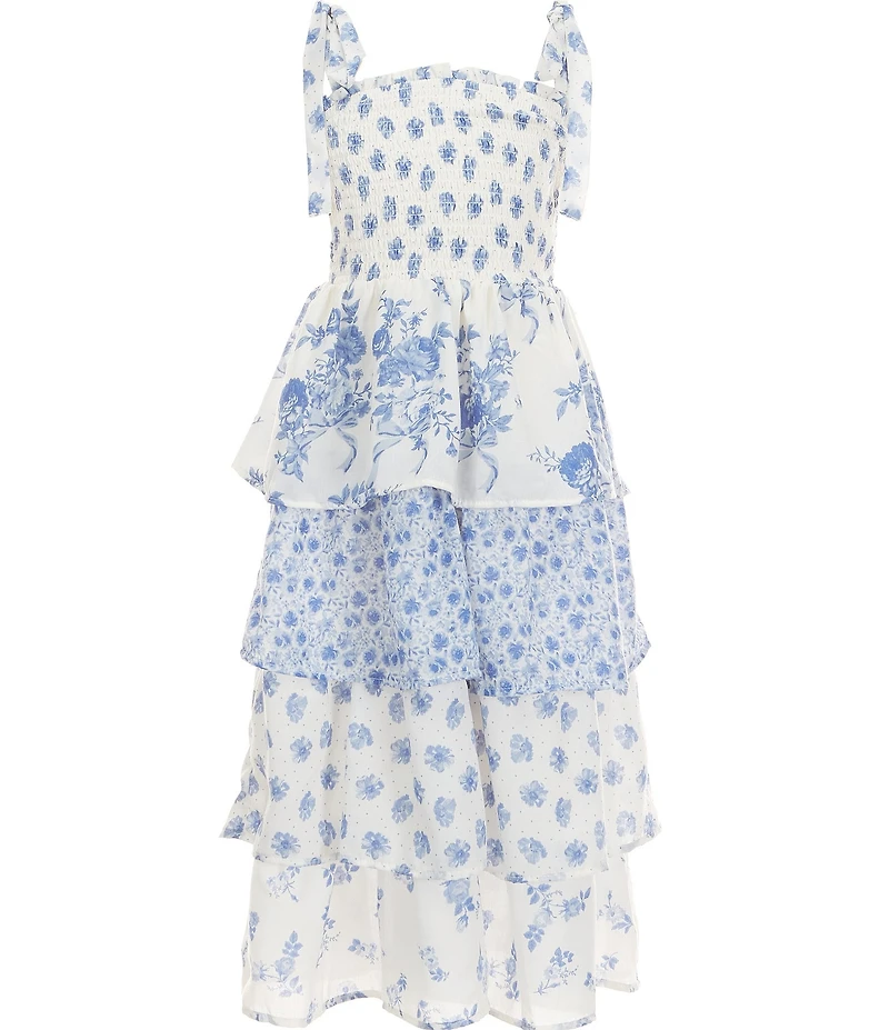 Poppies and Roses Big Girls Mixed Media Floral Printed Tiered Maxi Dress
