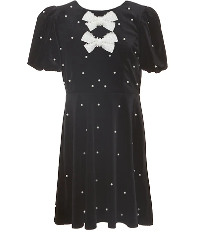 Poppies and Roses Big Girls Puffed-Sleeve Faux-Pearl-Trimmed Stretch Velvet A-Line Dress