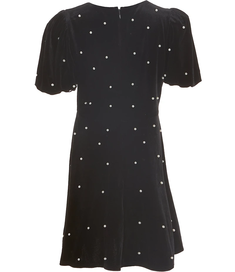 Poppies and Roses Big Girls Puffed-Sleeve Faux-Pearl-Trimmed Stretch Velvet A-Line Dress