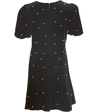Poppies and Roses Big Girls Puffed-Sleeve Faux-Pearl-Trimmed Stretch Velvet A-Line Dress