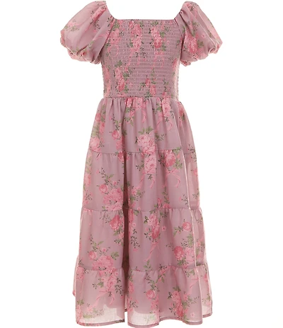 Poppies and Roses Big Girls Puffed-Sleeve Smocked Bodice Floral Toile Tiered Maxi Dress