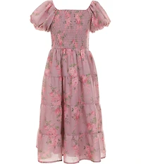 Poppies and Roses Big Girls Puffed-Sleeve Smocked Bodice Floral Toile Tiered Maxi Dress