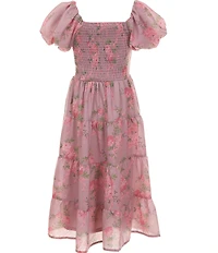 Poppies and Roses Big Girls Puffed-Sleeve Smocked Bodice Floral Toile Tiered Maxi Dress