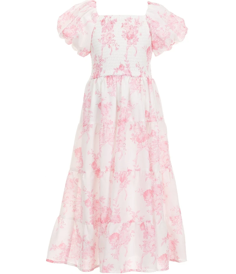 Poppies and Roses Big Girls Puffed-Sleeve Smocked Bodice Floral Toile Tiered Maxi Dress