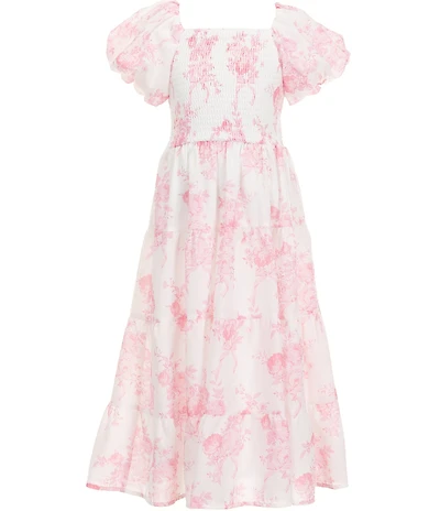 Poppies and Roses Big Girls Puffed-Sleeve Smocked Bodice Floral Toile Tiered Maxi Dress