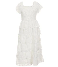 Poppies and Roses Big Girls Puffed-Sleeve Smocked/Ruffle-Tiered Long Dress