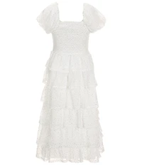 Poppies and Roses Big Girls Puffed-Sleeve Smocked/Ruffle-Tiered Long Dress