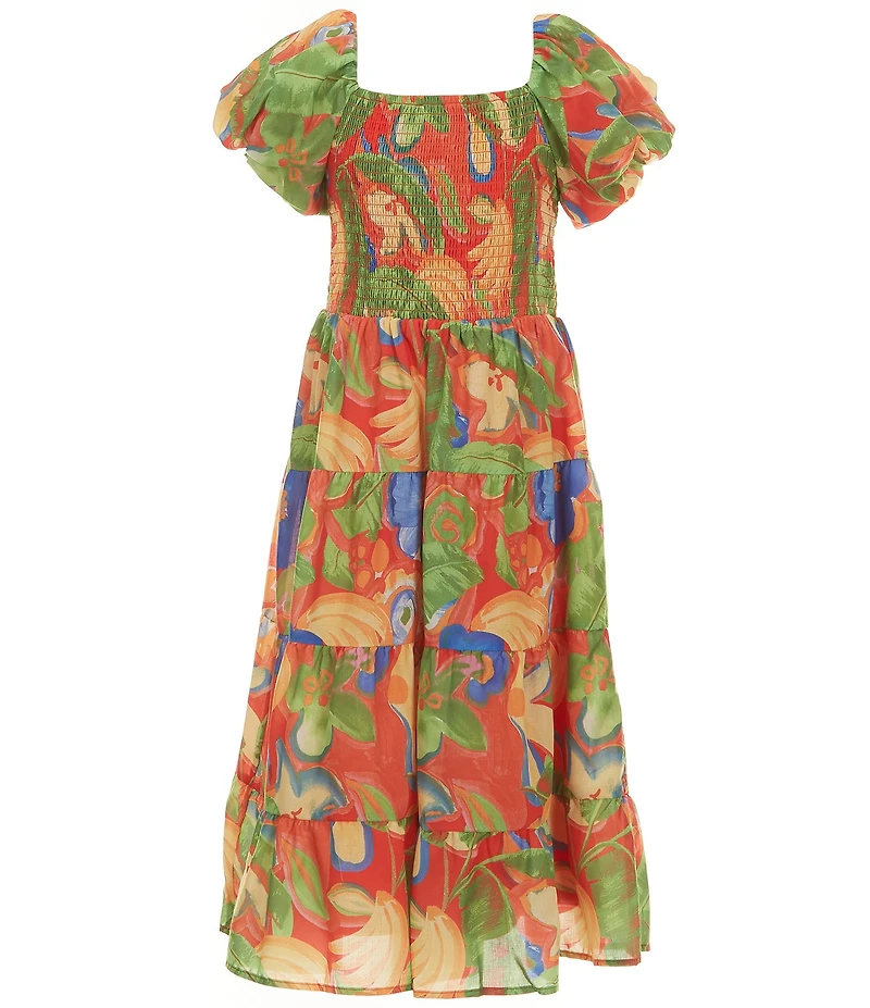 Poppies and Roses Big Girls Puffed-Sleeve Tropical-Floral-Printed Dress