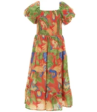 Poppies and Roses Big Girls Puffed-Sleeve Tropical-Floral-Printed Dress