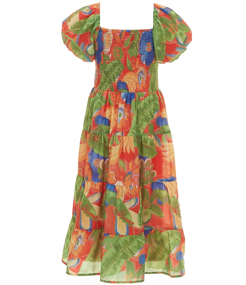 Poppies and Roses Big Girls Puffed-Sleeve Tropical-Floral-Printed Dress