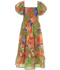 Poppies and Roses Big Girls Puffed-Sleeve Tropical-Floral-Printed Dress