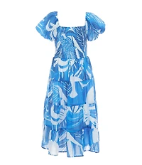 Poppies and Roses Big Girls Puffed-Sleeve Tropical-Printed Dress