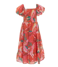 Poppies and Roses Big Girls Puffed-Sleeve Tropical/Bird Printed Dress