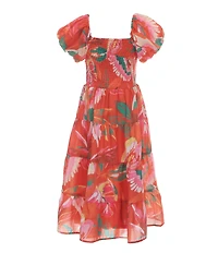 Poppies and Roses Big Girls Puffed-Sleeve Tropical/Bird Printed Dress