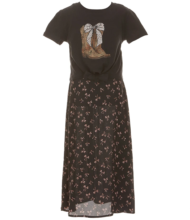 Poppies and Roses Big Girls Short Sleeve Cowboy Boot Graphic & Bow Print Dress