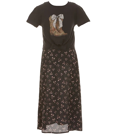 Poppies and Roses Big Girls Short Sleeve Cowboy Boot Graphic & Bow Print Dress
