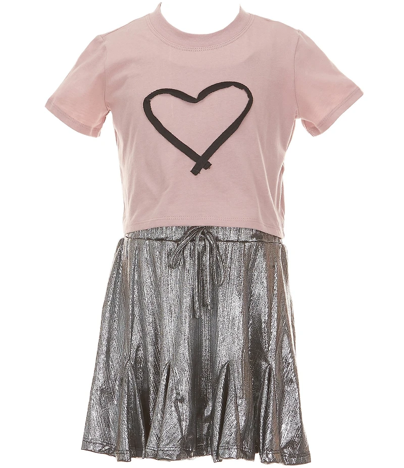 Poppies and Roses Big Girls Short-Sleeve Heart-Motif Knit Bodice/Metallic-Skirted Fit-And-Flare Dress