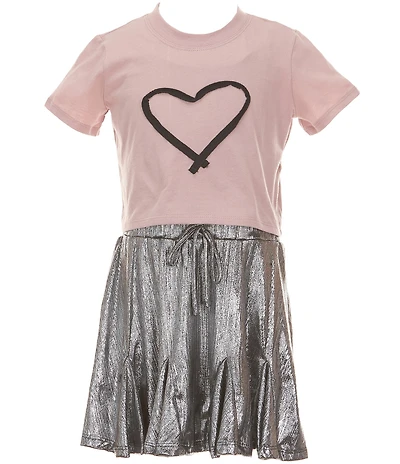 Poppies and Roses Big Girls Short-Sleeve Heart-Motif Knit Bodice/Metallic-Skirted Fit-And-Flare Dress