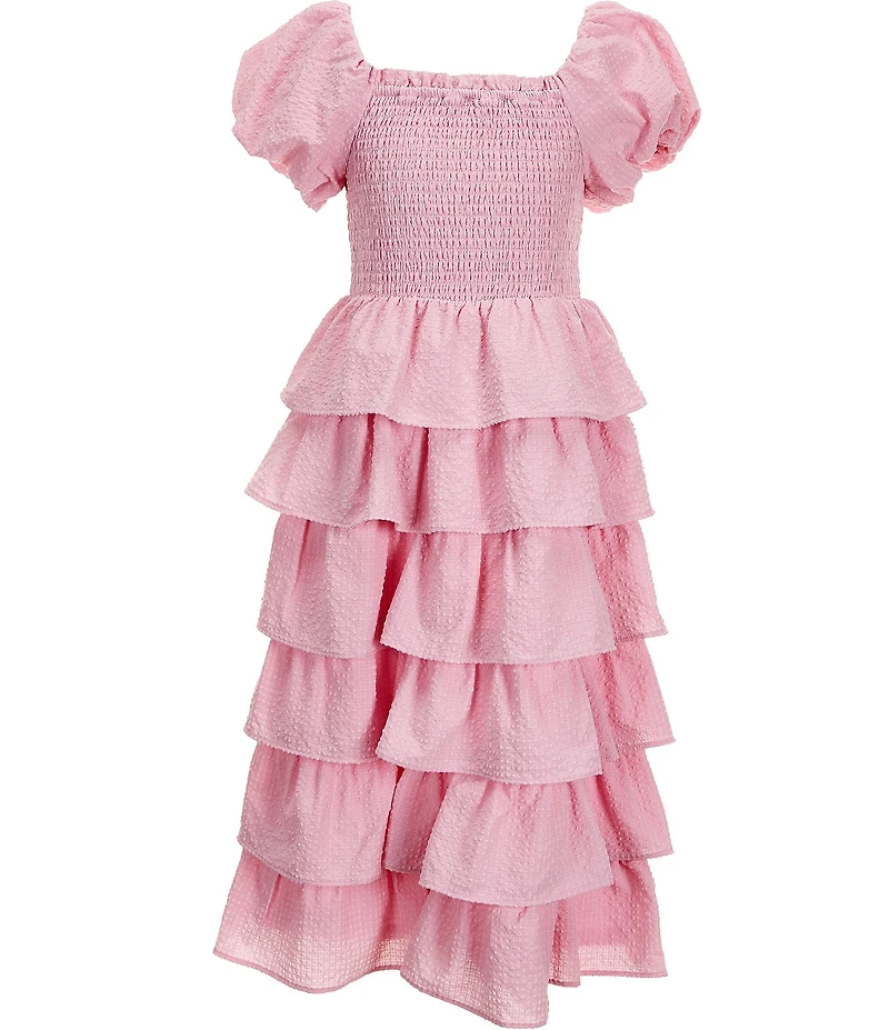 Poppies and Roses Big Girls Short-Sleeve Smocked-Bodice Ruffle-Tiered-Skirted Dress