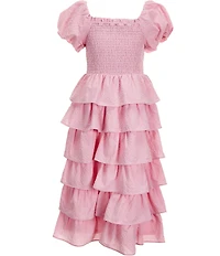 Poppies and Roses Big Girls Short-Sleeve Smocked-Bodice Ruffle-Tiered-Skirted Dress