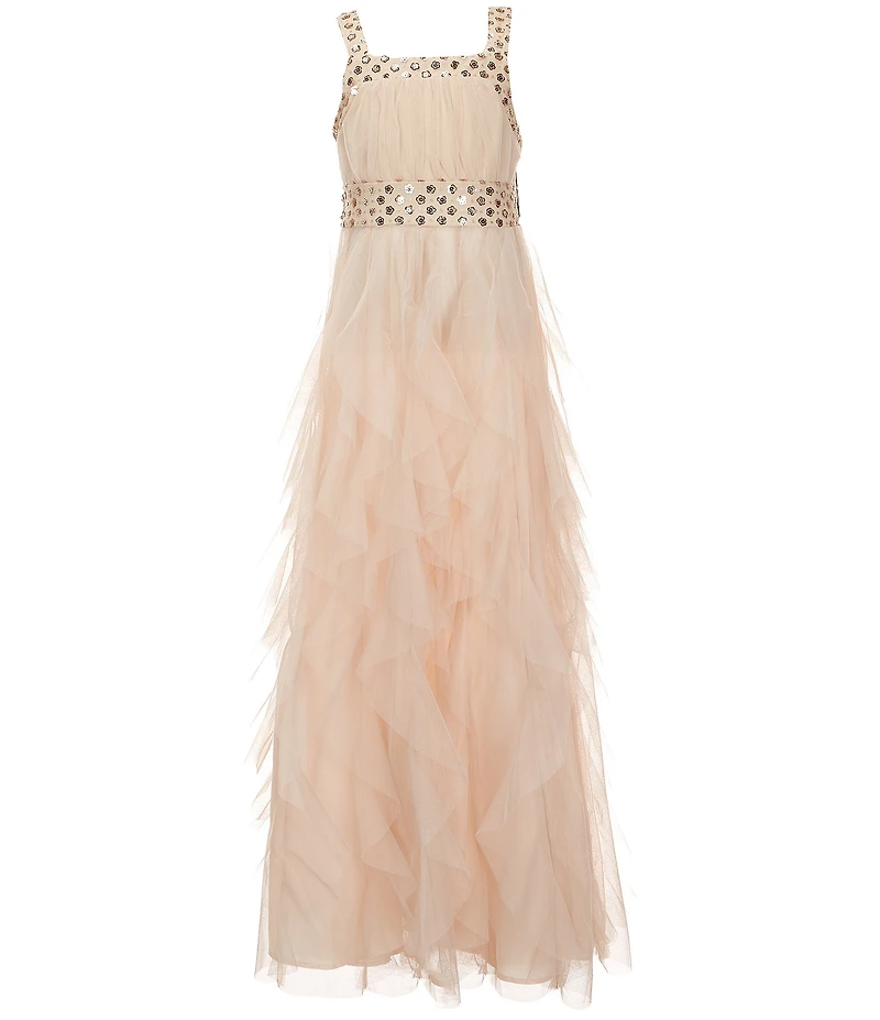 Poppies and Roses Big Girls Sleeveless Stone-Embellished Cascading-Ruffle Long Dress