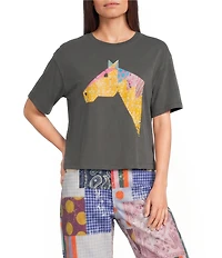 Poppy & Pine Short Sleeve Quilted Horse Cropped T-Shirt