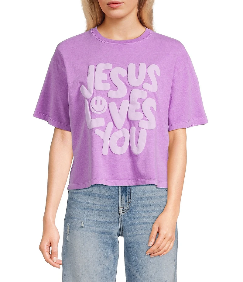 Poppy & Pine Short Sleeve Smiley Jesus Loves You Puff Graphic T-Shirt