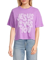 Poppy & Pine Short Sleeve Smiley Jesus Loves You Puff Graphic T-Shirt