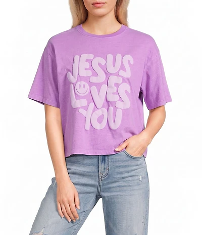 Poppy & Pine Short Sleeve Smiley Jesus Loves You Puff Graphic T-Shirt