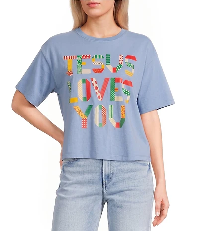 Poppy & Pine Short Sleeve Smiley Jesus Loves You Rainbow Puff Graphic T-Shirt